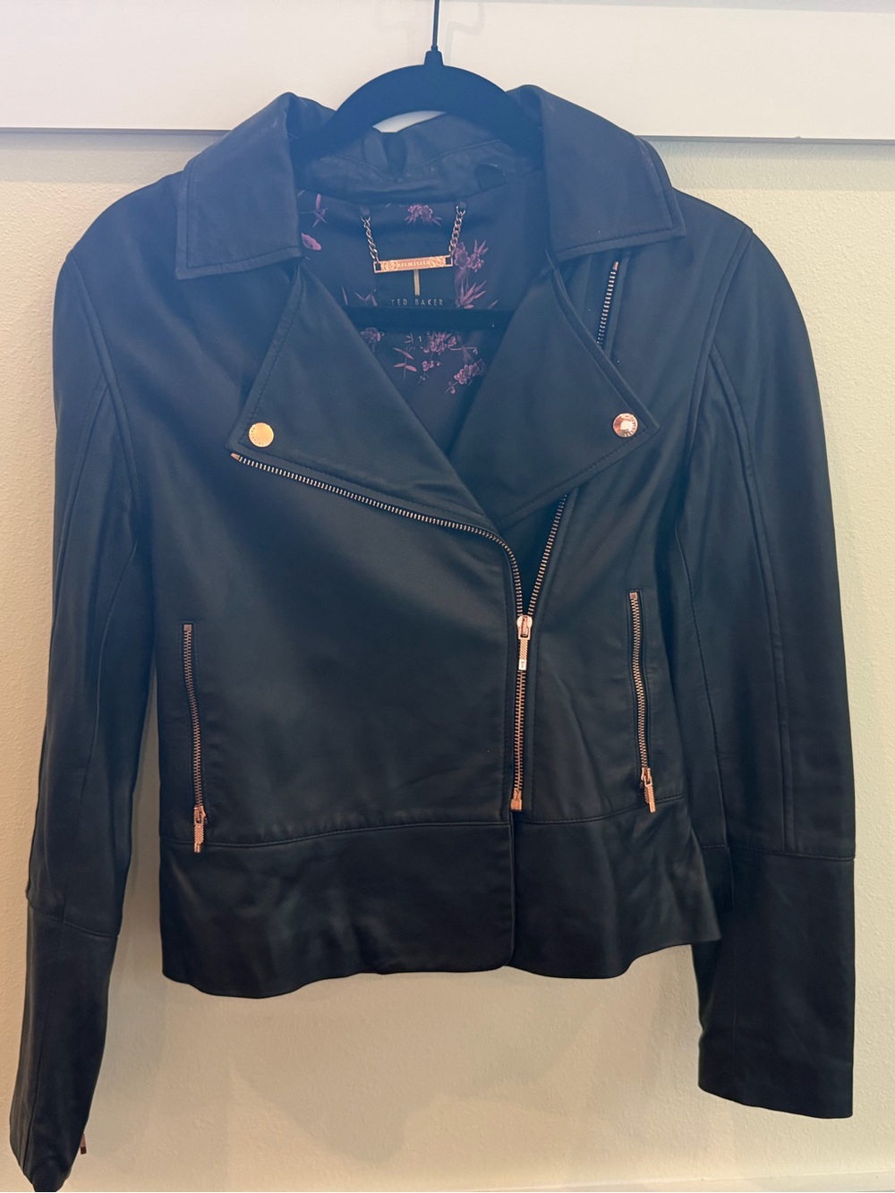 Ted Baker Black Leather Asymmetrical Moto Jacket with Rose Gold Hardware